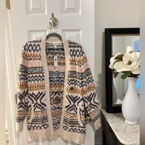 L.L. Bean Pink, Navy & Tan Patterned Open Knit Cardigan